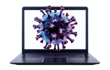 Virus in front of a laptop, illustrating online security risks, isolated on transparent cutout background