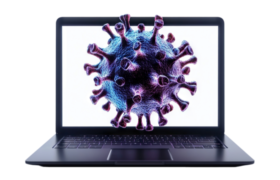 Virus in front of a laptop, illustrating online security risks, isolated on transparent cutout background
