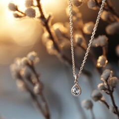 Fototapeta premium Delicate diamond teardrop necklace, sunset backdrop