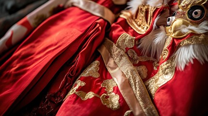 Obraz premium Red and Gold Embroidered Lion Dance Costume Detail