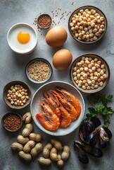 Fresh Ingredients for Cooking, Including Shrimp, Eggs, Peanuts, Chickpeas, and Various Grains for Healthy Meals and Gourmet Dishes