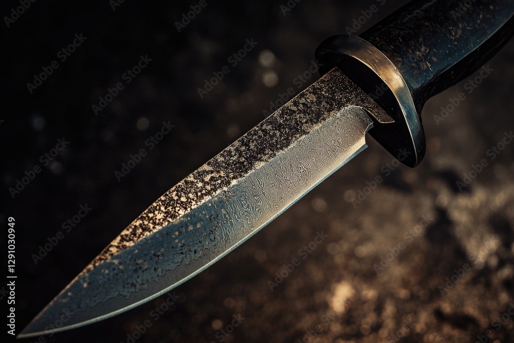 Poster a sharp knife photographed in a straightforward pose on a flat surface