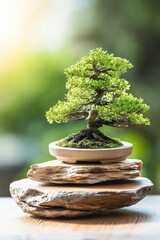 Delicate bonsai tree displayed on smooth wooden elements, evoking a serene atmosphere inspired by Japandi style, perfect for contemporary and minimalist homes