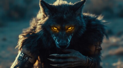 Skinwalker Werewolf, Mythical Shapeshifter with Glowing Eyes