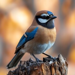 Colorful bird perched on stump (1)