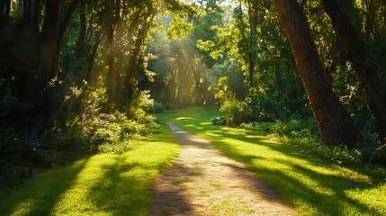 Obraz premium Serene forest path illuminated by gentle sunlight creating a peaceful atmosphere in nature