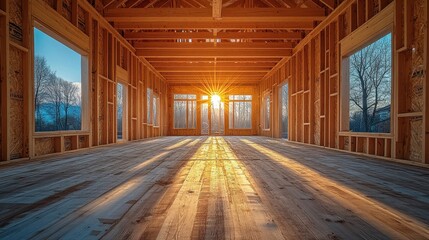 Naklejka premium Wooden Frame House Construction at Sunrise