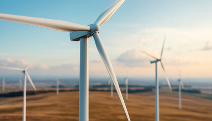 Fototapeta premium Wind turbines in vast landscape, showcasing renewable energy sources