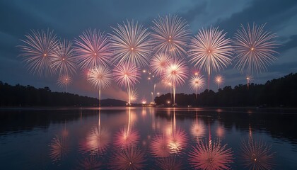 Fototapeta premium Fireworks Display Over Calm Lake with Reflections at Dusk Celebration