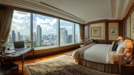 Luxurious hotel room with city skyline view