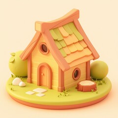 A cute house green grass and a tree stump