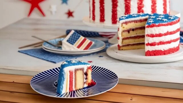 Festive American flag cake with vibrant colors and slices on a decorated table