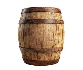 Rustic wooden barrel with metal hoops, isolated on transparent cutout background