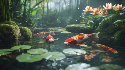 Koi Fish Swim Calmly In A Lush Pond Garden