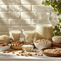 Fresh Plant-Based Ingredients Featuring Milk Alternatives, Nuts, and Seeds on Wooden Table Surrounded by Natural Light and Greenery
