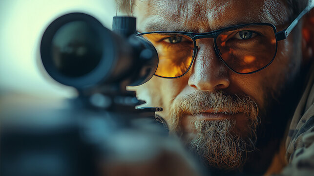 Focused Hunter: A man with focused eyes peers intently through the scope of a rifle. The image exudes determination.