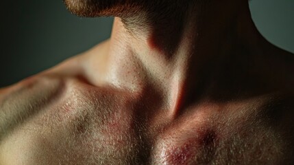 Close-up shot of a man's chest, showing definition and muscle tone