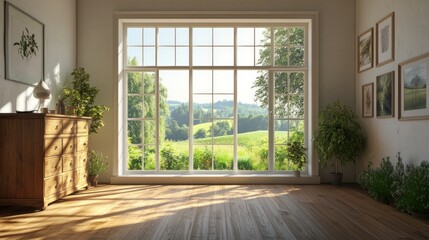 Bright and airy living room with large window showcasing lush landscape