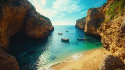 the beauty of boats on the beach and between cliffs