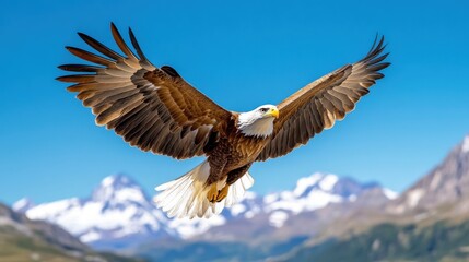 Obraz premium Soaring eagle gracefully glides above sweeping mountain range under clear blue sky