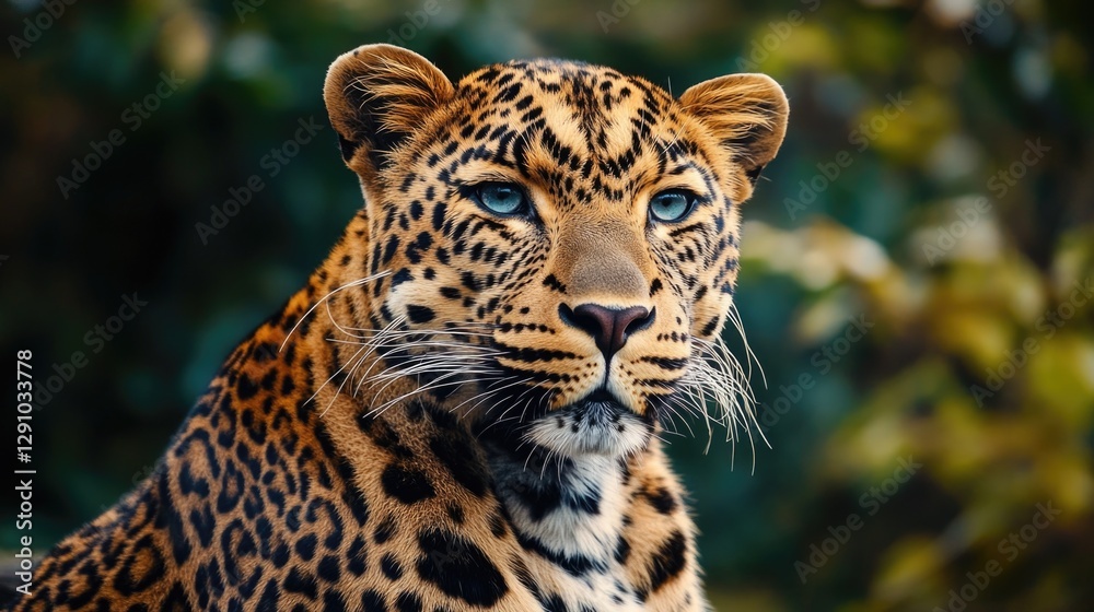 Poster A close-up view of a leopard's face, with trees and foliage in the background