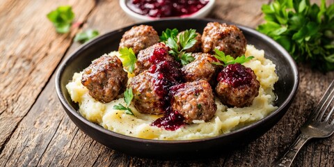 Swedish Meatballs with Mashed Potatoes and Lingonberry Sauce on a rustic wood background