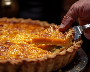 Hand slicing pumpkin pie in kitchen