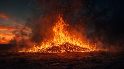 Un gran fuego arde intensamente en un paisaje oscuro, iluminando el cielo al atardecer con tonos anaranjados y rojos.