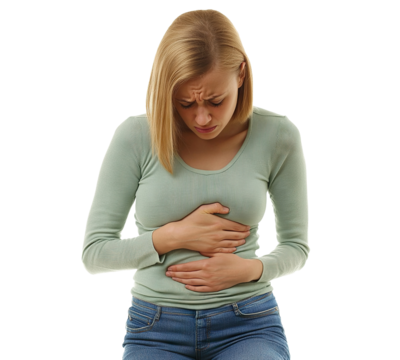 Woman holding stomach in pain, isolated on transparent cutout background