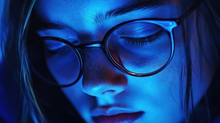 Fototapeta premium Close-up of a girl with glasses under blue light