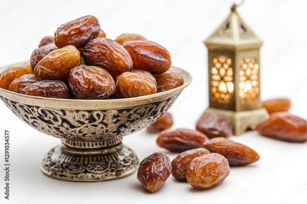 Poster Fresh dates arranged near a rustic lantern