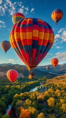 Obraz premium Soaring Above the Landscape: A vibrant array of hot air balloons ascends over a picturesque landscape of lush green trees, a meandering river, and majestic mountains.