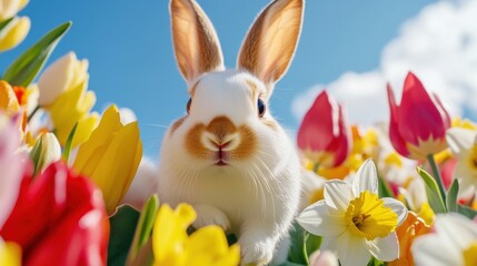 Fototapeta premium Colorful Easter bunnies hopping joyfully through a vibrant field of blooming tulips and daffodils on a sunny spring day