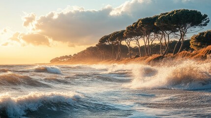 the beauty of the waves and trees on the beach