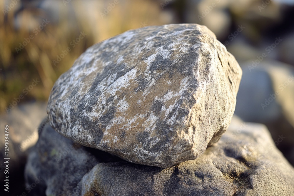 Poster a single rock sits atop a pile of smaller rocks in a natural setting