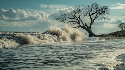 beach views with high waves and beautiful trees