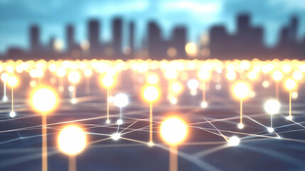 Illuminated Network Connections Over Blurry Cityscape at Night