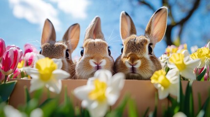 Fototapeta premium Soft-focus view of Easter bunnies joyfully hopping among colorful flowers in a bright spring garden
