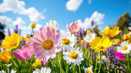 Obraz premium Soft-focus wildflower field shines in pastel tones under a bright blue sky with fluffy clouds