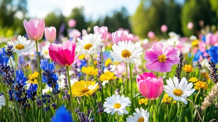 Fototapeta premium Soft-focus wildflower field under a pastel sky with blooming flowers in various colors