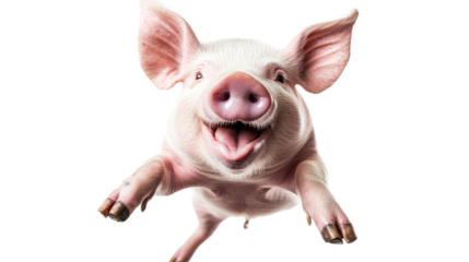 Happy pig jumping in excitement against a white background showcasing pure joy and playfulness in its natural habitat,cut out 
