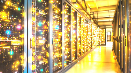 Illuminated Server Room Interior with Network Servers and Data Processing Equipment