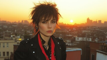 A young person with edgy hair and leather attire stands confidently on a rooftop during sunset. The skyline glows as the sun sets, creating a vibrant atmosphere