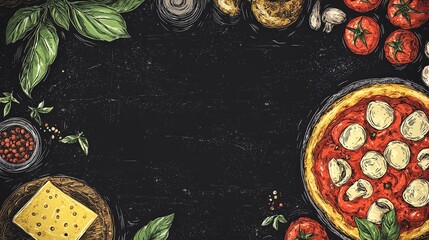 La escena muestra una deliciosa pizza rodeada de ingredientes frescos sobre un fondo oscuro.