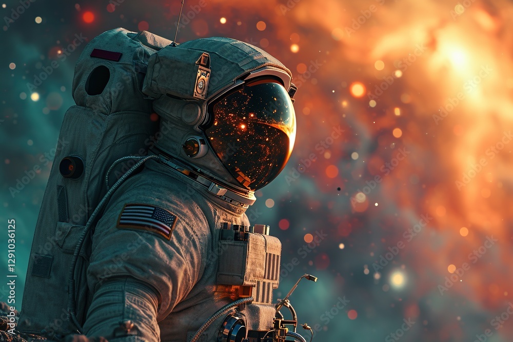 Wall mural close-up profile view astronaut in space uniform on blurred bokeh background of bright universe with