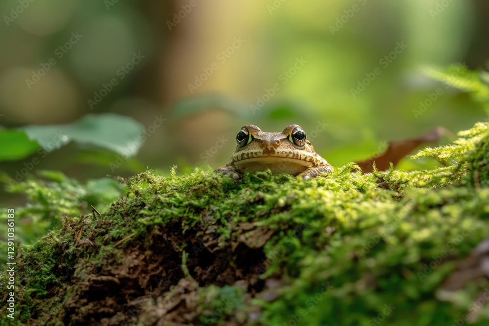 Poster a frog sits on a moss-covered tree branch, surrounded by greenery