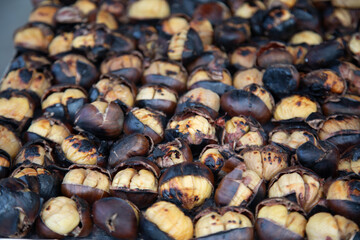 Istanbul, Turkey - February 21, 2025:  roasted chestnuts sold on the streets