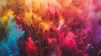  Aerial View of Holi Festival with People Throwing Colorful Powder in the Air, Bright Colors, Joyful Faces, High-Angle Cinematic Shot, Vibrant Festival Atmosphere