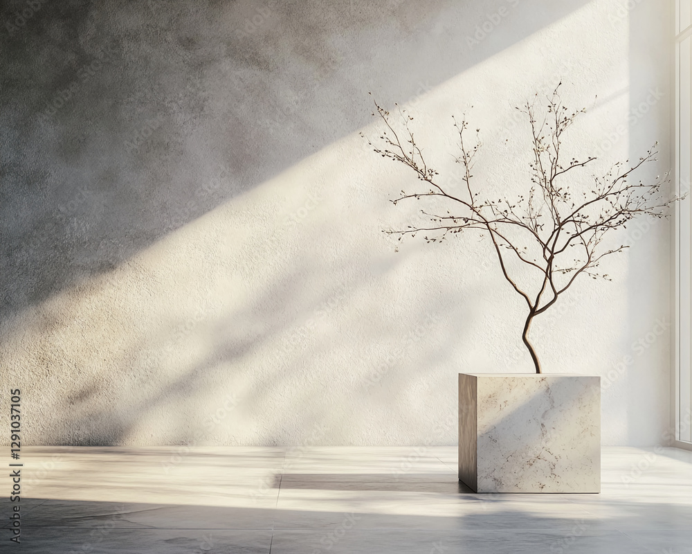 Poster a bare tree in a minimalist modern room with soft sunlight shining on the textured walls, symbolizin