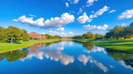 Obraz premium Tranquil lake reflecting warm hues and fluffy clouds under a bright blue sky during a serene afternoon